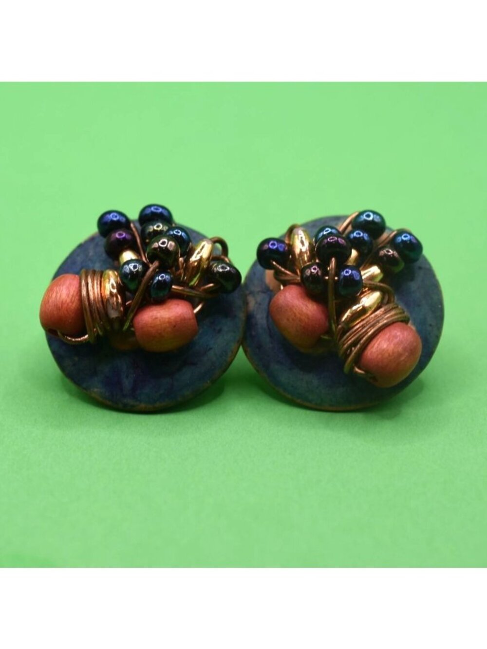 Vintage Blue Beaded Clip Earrings Bohemian Wire Wrapped Statement Jewelry